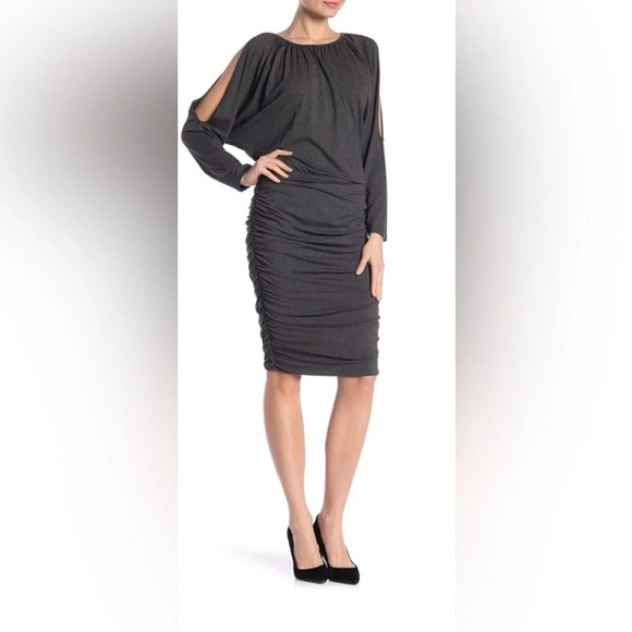 Vince Camuto Long Sleeve Cold Shoulder Ruched Dress Med Heather Gray S NWT